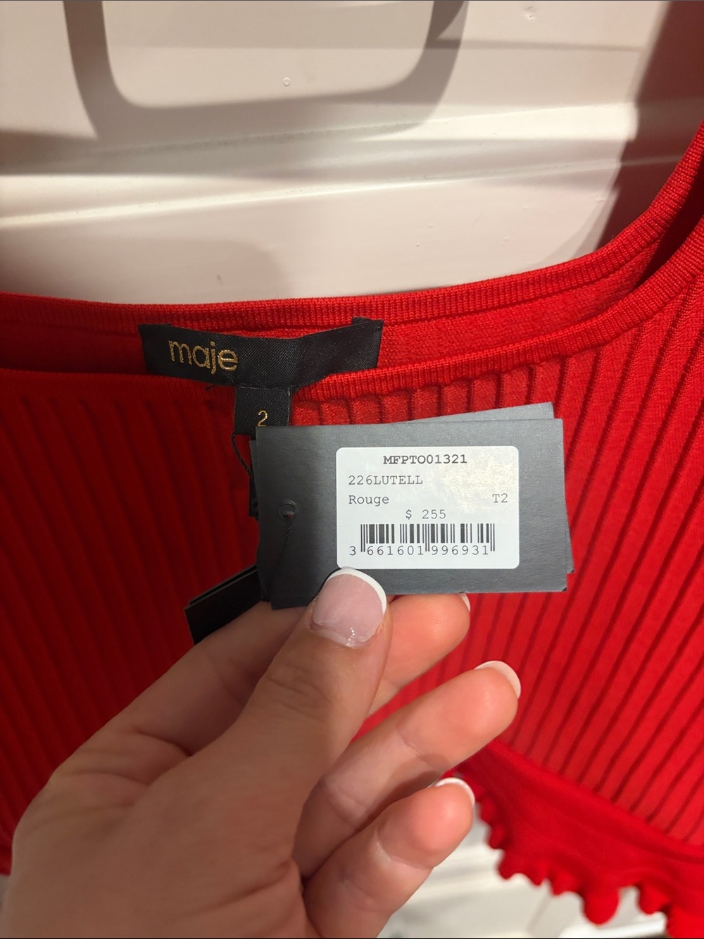 Maje Bright Red Ribbed Tank with Ruffle Hem - Picture 2 of 2